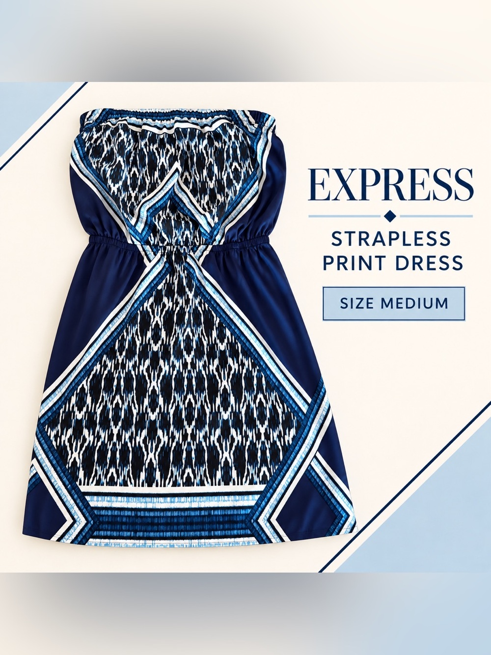 #0352 Express Strapless Blue Ikat-Print Dress Size Medium